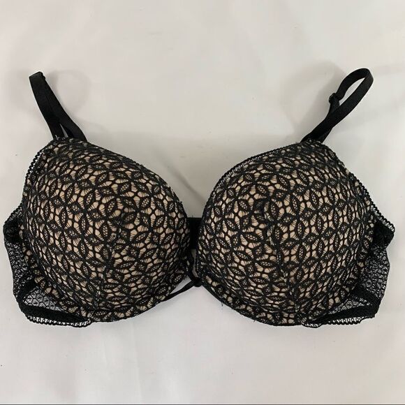 Victorias Secret Bombshell Plunge Padded Push Up Bra Black Nude Lace Mesh 34C - Picture 1 of 7